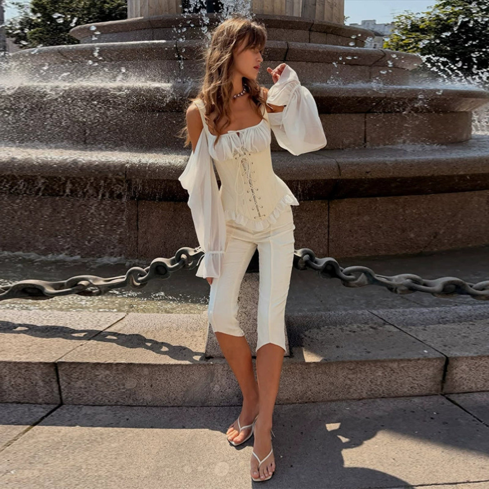 Forever 21 Fall White Off-Shoulder Drawstring Waist Capri Set